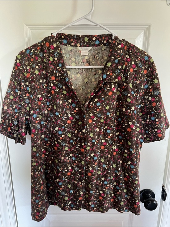 Christopher & Banks Tops - Christopher & Banks Brown Floral Button-Front Short Sleeve Shirt